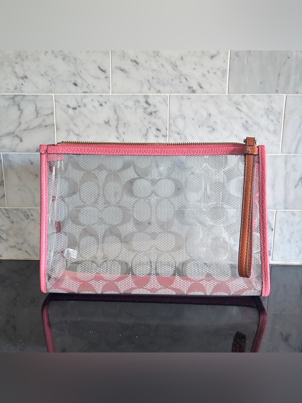 Coach PVC Clear Monogram Pink Pouch Clutch Makeup Bag F99430 Leather Trim